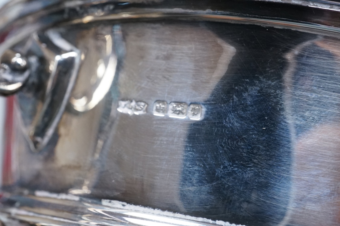 An Edwardian silver two handled presentation pedestal bowl by James Dixon & Sons, Sheffield, 1907, with engraved inscription, diameter 14.8cm excluding the handles, 14.3oz.